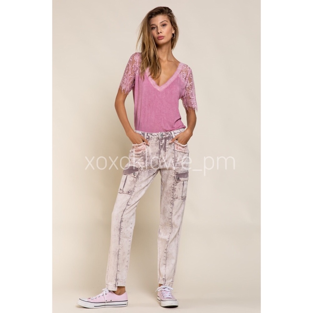 1 S POL Pinky Buttery Soft Lace Sleeve V Neck Tee - Picture 5 of 15